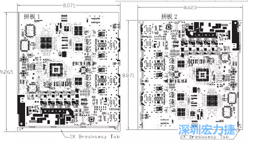 如图7所示是使用不同数量边条的拼板，拼板1仅使用了一个边条，直接利用PCB另一边作为SMT工艺传送边，并且PCB图形中有合适的安装孔；而拼板2则是按常规设计了两个边条。拼板方式为连接筋。图中“Breakaway Tab”指边条-深圳宏力捷