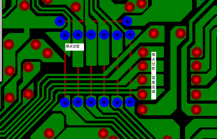 PCB设计焊点过密，易造成波峰连焊，焊点间漏电