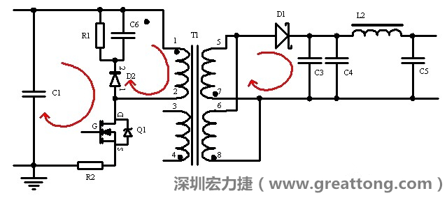 元件布局的时候，要优先考虑高频脉冲电流和大电流的环路面积，尽可能地减小,以抑制开关电源的辐射干扰