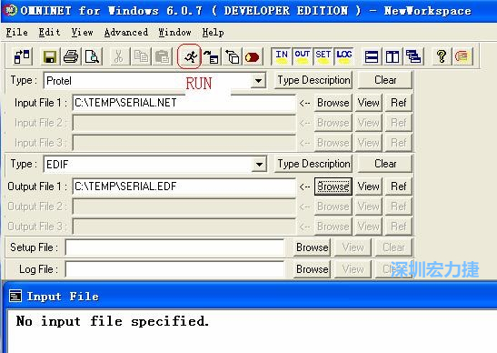 输出文件类型(Type)选 EDIF。Output File 1 指定输出文件的文件名和路径。然后点击 Run(跑动的小人)。