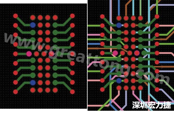 图7：焊盘内过孔用于内部，而外部接脚在0.5mm闸格上扇出。图7a显示的是顶层(左)；图7b显示顶层和内部布线层(右)。