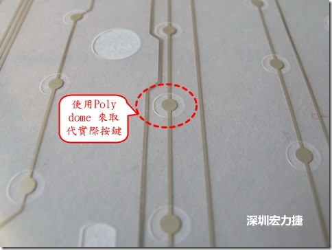 仔细看下面的第一张图片，在圆形的节点旁边有个圆形的开口，这个开口垫高了键盘按键的接触点线路。