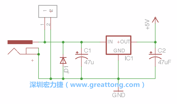2.5.    新增一个二极体，它会以水平的状态出现在屏幕上，请使用「旋转（Rotate）」工具把它负极那一面朝上，并且用「网络连接」工具将它连接在电压调整器的输入端和接地端之间。