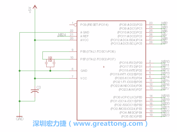 3.3.    将共鸣器（resonator）放置在针脚9和针脚10附近，将它的三个针脚连接如图所示，并确认最中间的针脚有连到接地端。