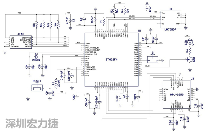 图 1. STM32F4微控制器的电路图。