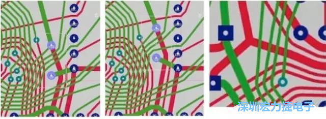 图9：自动移动过孔(淡蓝色圆)和分支点。(a)原始设计的一部分，(b)移动过孔后的设计，(c)分支点(3条红色导线)被自动移动到最佳位置。